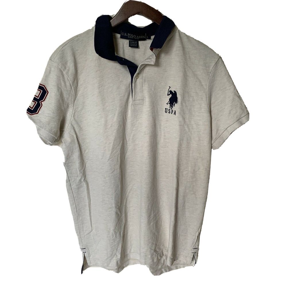 US Polo‎ Assn USPA Big Pony #3 Men's Cream Polo Shirt Sz L  Slim Fit